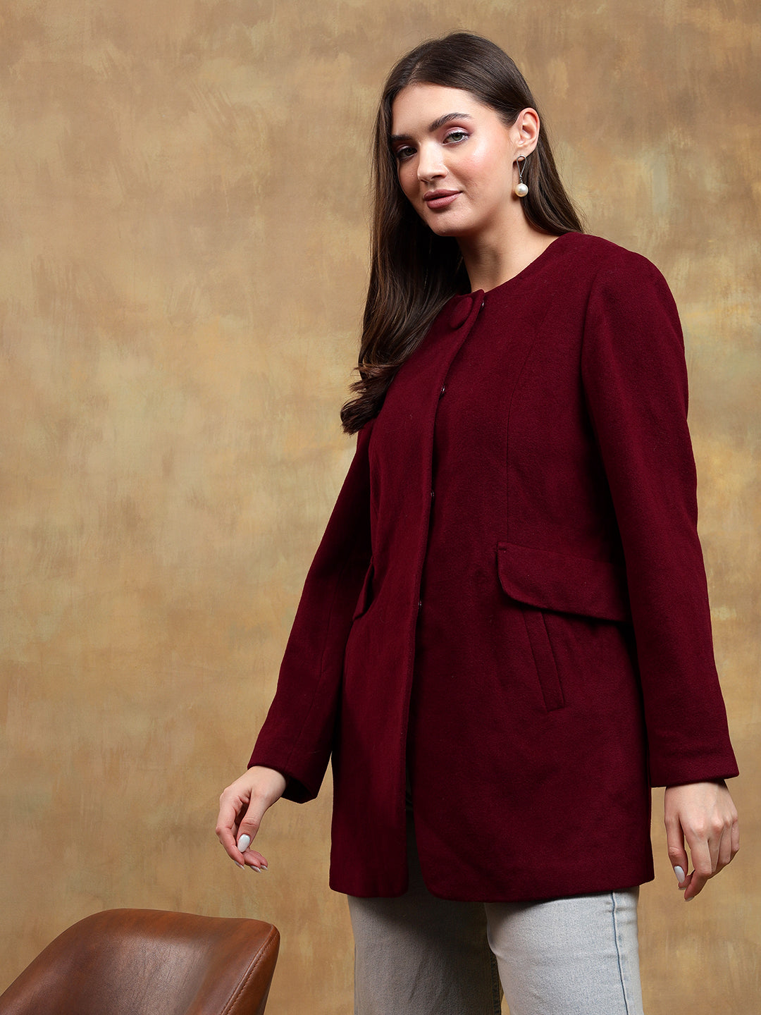 KOTTY Solid Single Breasted Casual Women Blazer (Maroon)