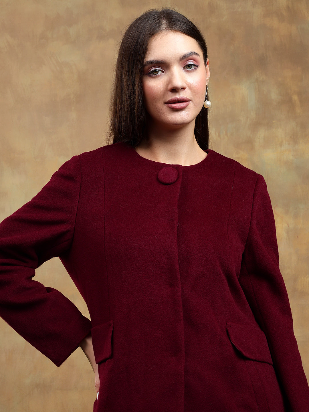 KOTTY Solid Single Breasted Casual Women Blazer (Maroon)