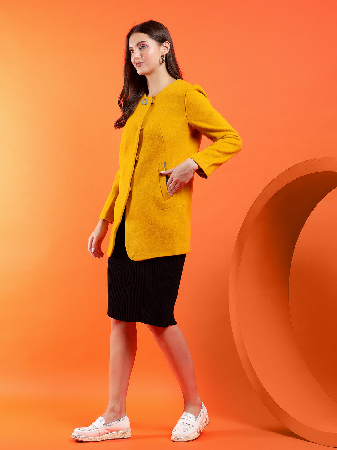 KOTTY Solid Single Breasted Casual Women Blazer (Yellow)