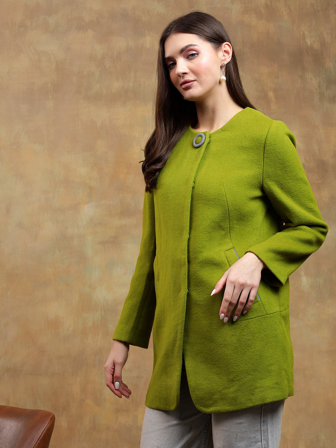 KOTTY Solid Single Breasted Casual Women Blazer (Green)