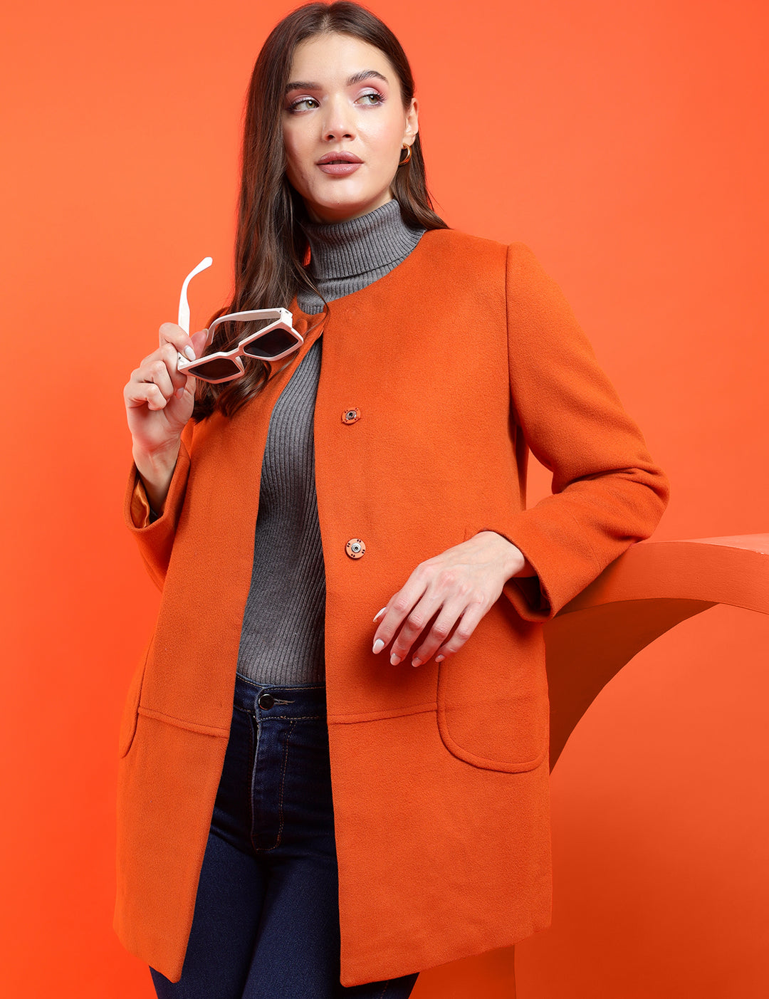 KOTTY Solid Single Breasted Casual Women Blazer (Orange)