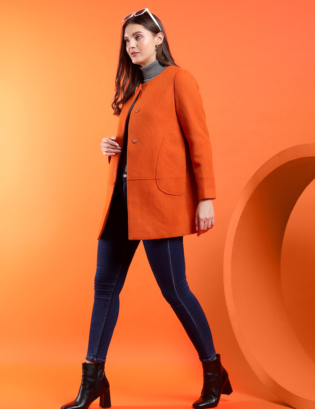 KOTTY Solid Single Breasted Casual Women Blazer (Orange)