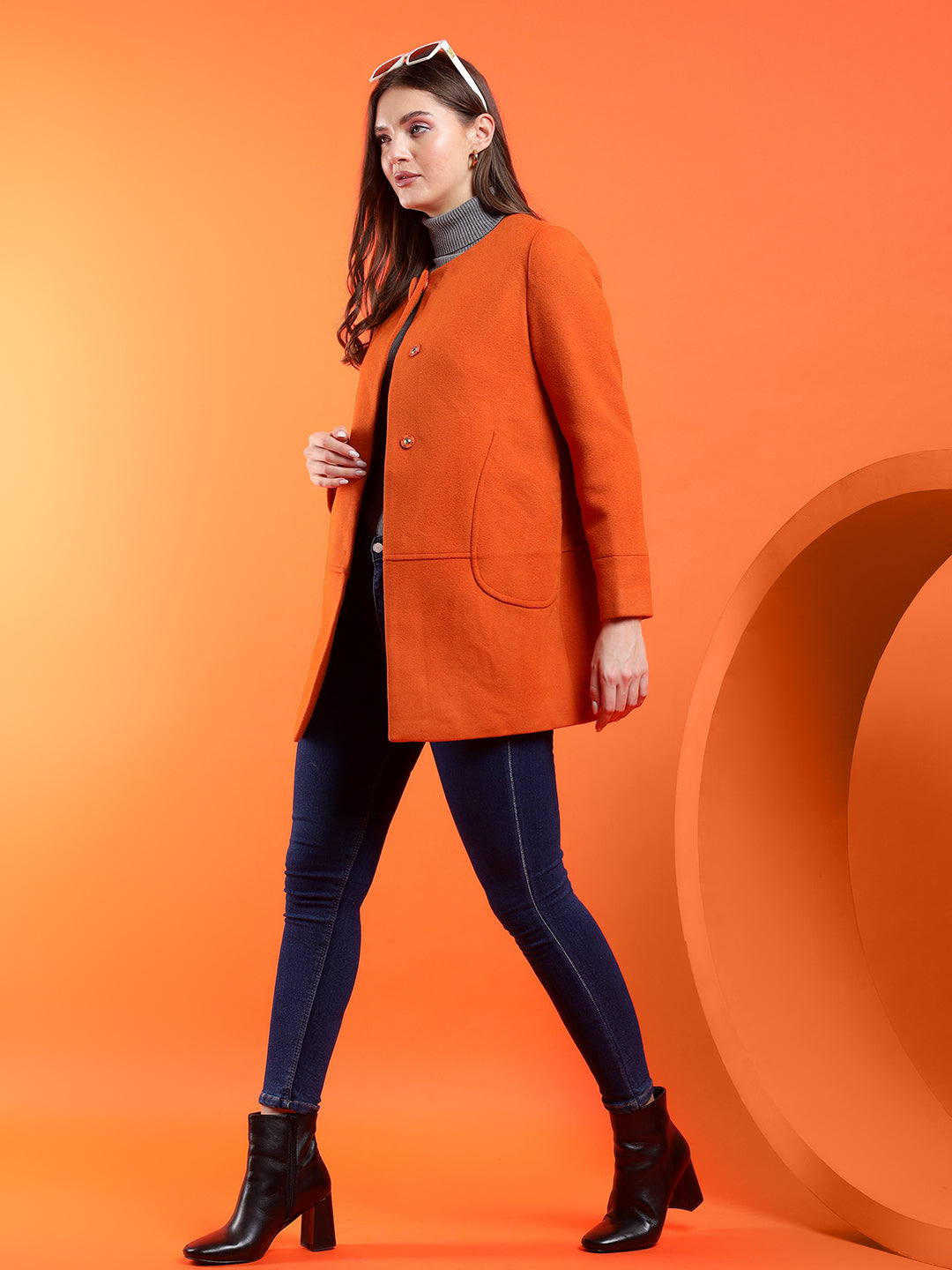 KOTTY Solid Single Breasted Casual Women Blazer (Orange)