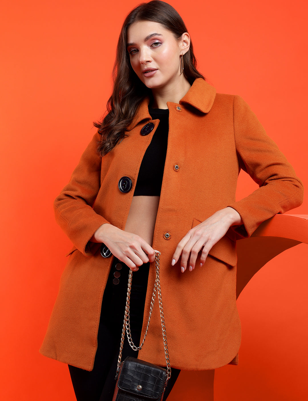 KOTTY Solid Single Breasted Casual Women Blazer (Orange)