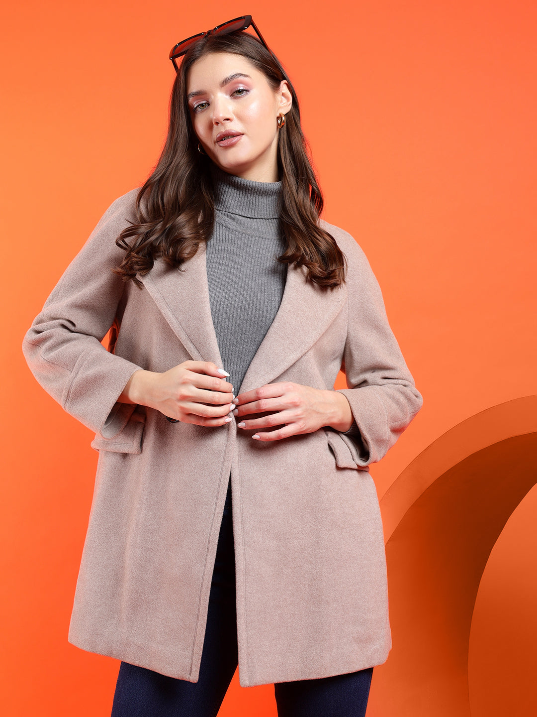 KOTTY Solid Double Breasted Casual Women Blazer (Beige)