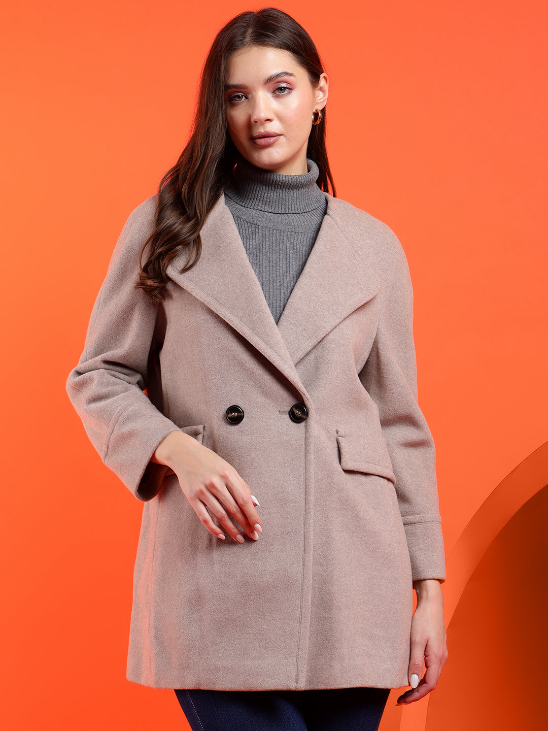 KOTTY Solid Double Breasted Casual Women Blazer (Beige)