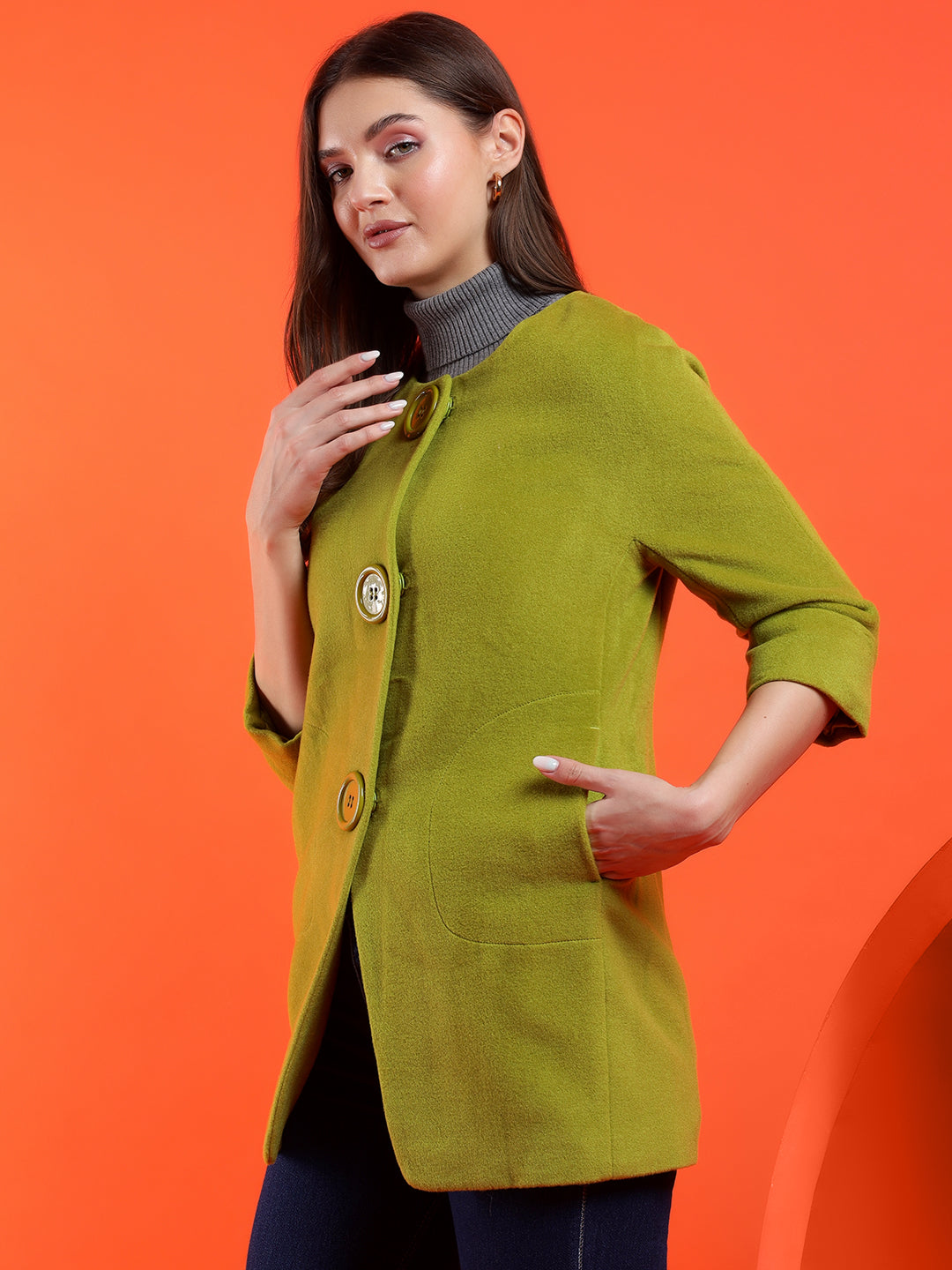 KOTTY Solid Single Breasted Casual Women Blazer (Green)