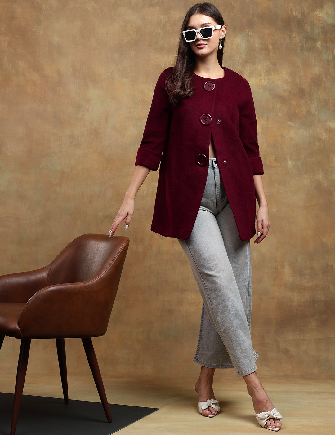 KOTTY Solid Single Breasted Casual Women Blazer (Maroon)