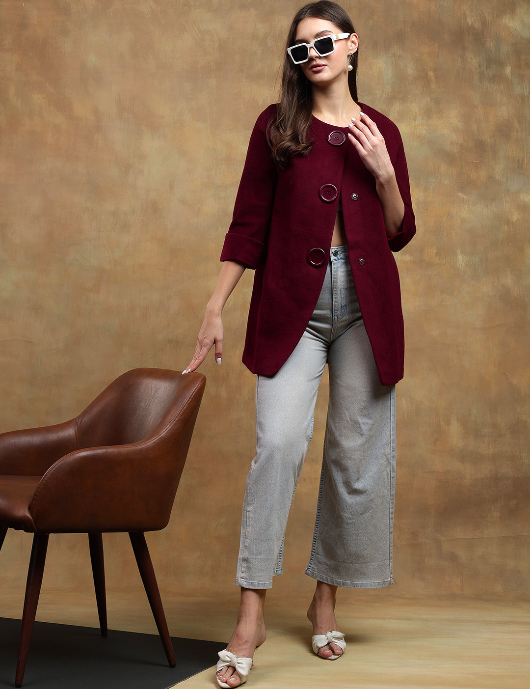 KOTTY Solid Single Breasted Casual Women Blazer (Maroon)