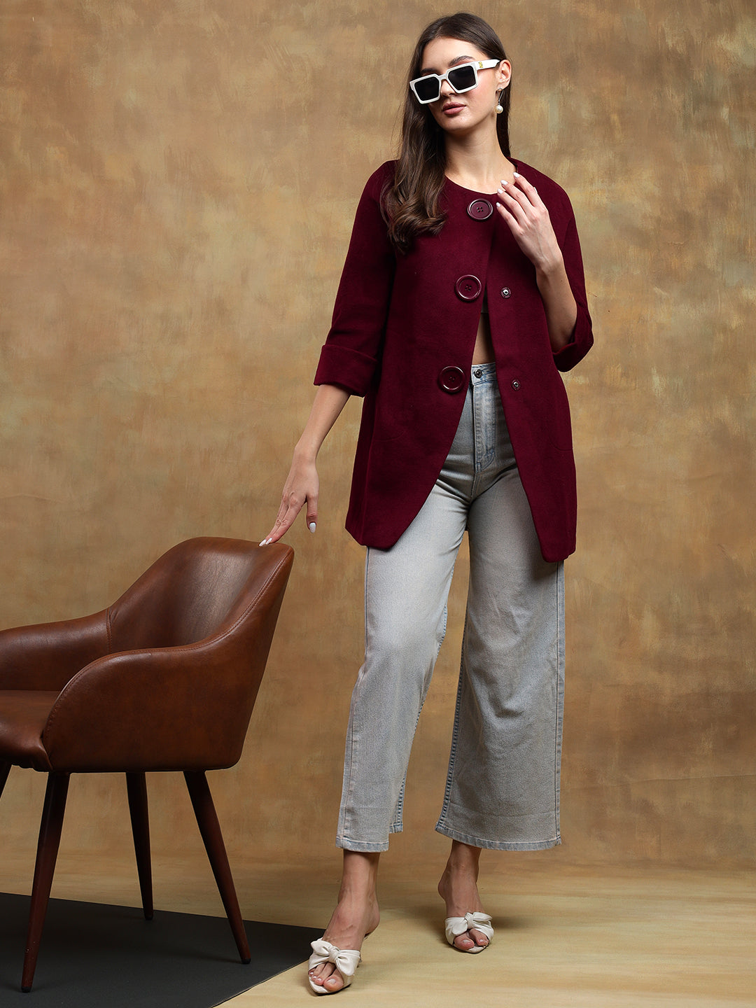 KOTTY Solid Single Breasted Casual Women Blazer (Maroon)