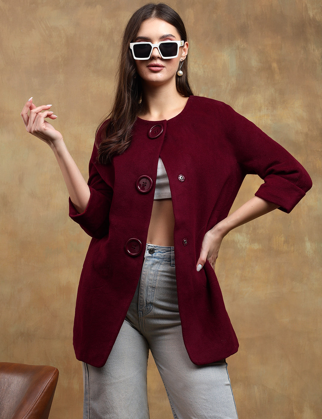 KOTTY Solid Single Breasted Casual Women Blazer (Maroon)