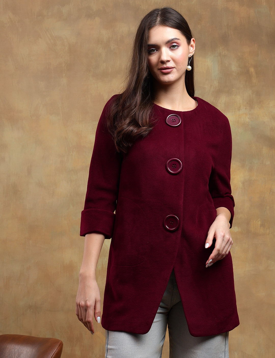 KOTTY Solid Single Breasted Casual Women Blazer (Maroon)