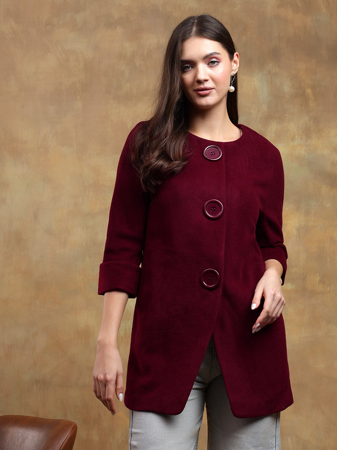 KOTTY Solid Single Breasted Casual Women Blazer (Maroon)