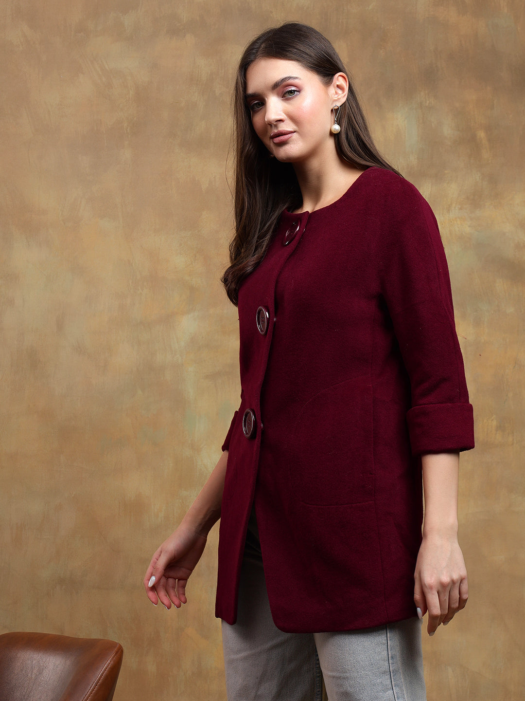 KOTTY Solid Single Breasted Casual Women Blazer (Maroon)