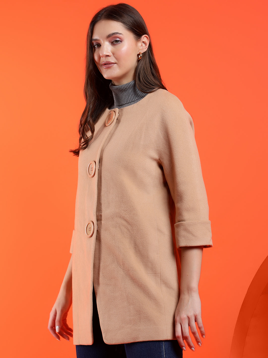 KOTTY Solid Single Breasted Casual Women Blazer (Beige)