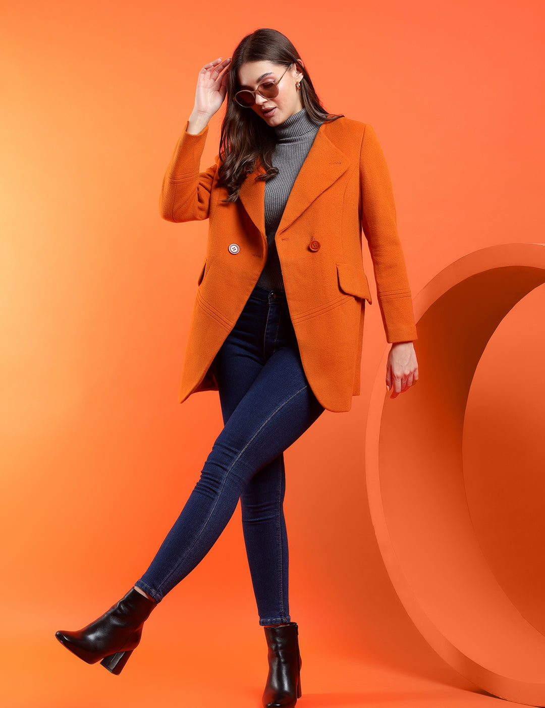 KOTTY Solid Double Breasted Casual Women Blazer (Orange)