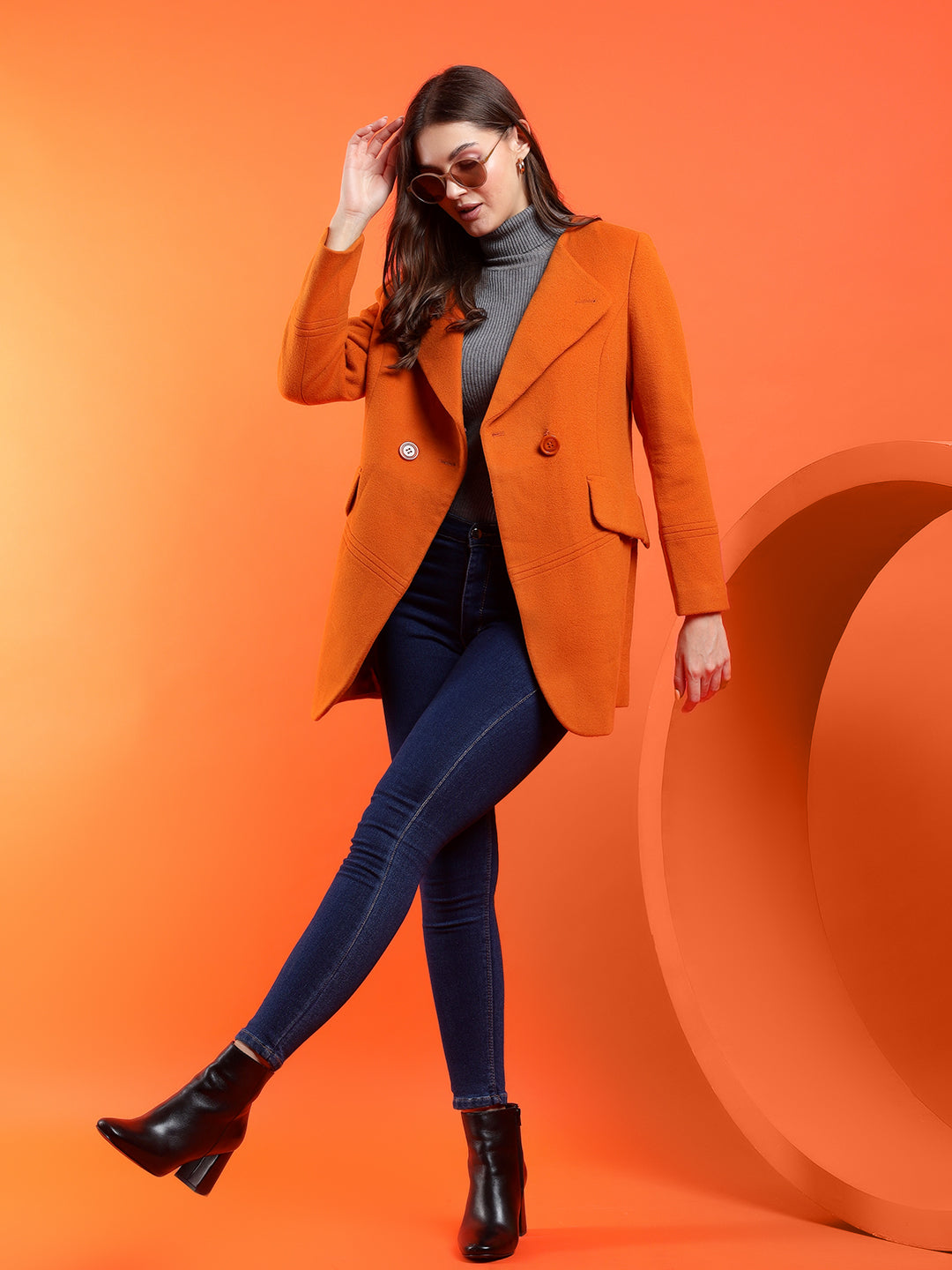 KOTTY Solid Double Breasted Casual Women Blazer (Orange)