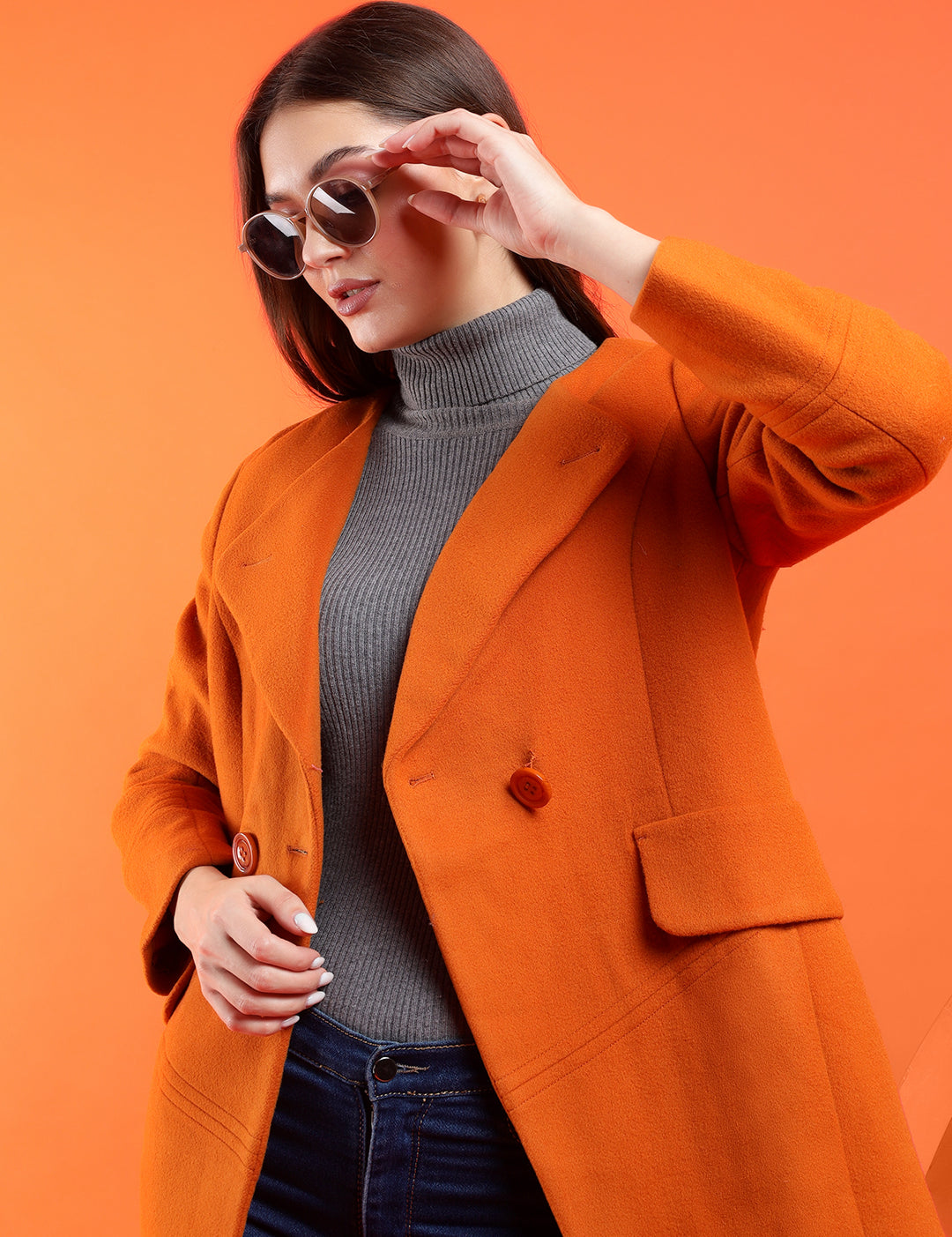 KOTTY Solid Double Breasted Casual Women Blazer (Orange)
