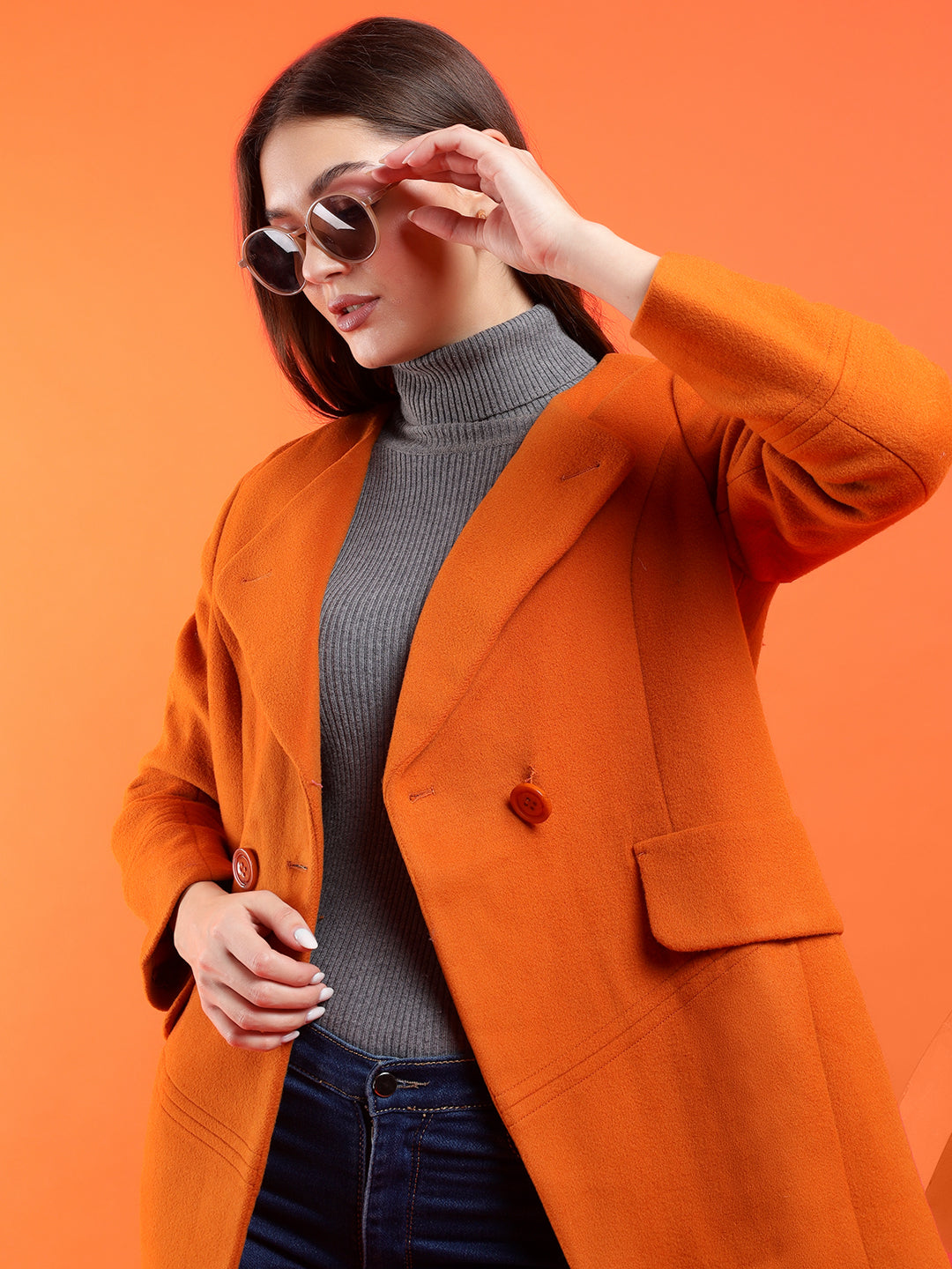 KOTTY Solid Double Breasted Casual Women Blazer (Orange)