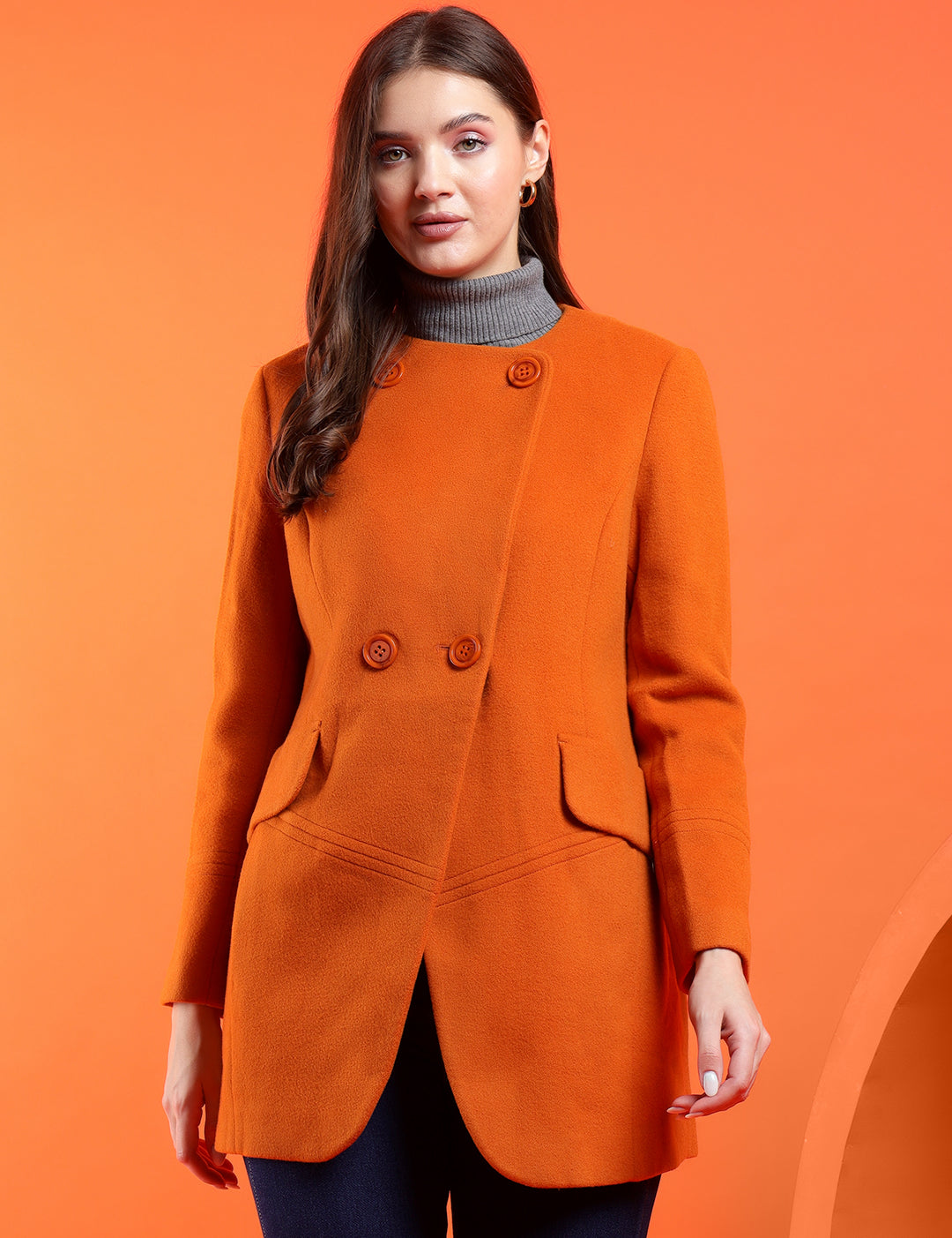 KOTTY Solid Double Breasted Casual Women Blazer (Orange)