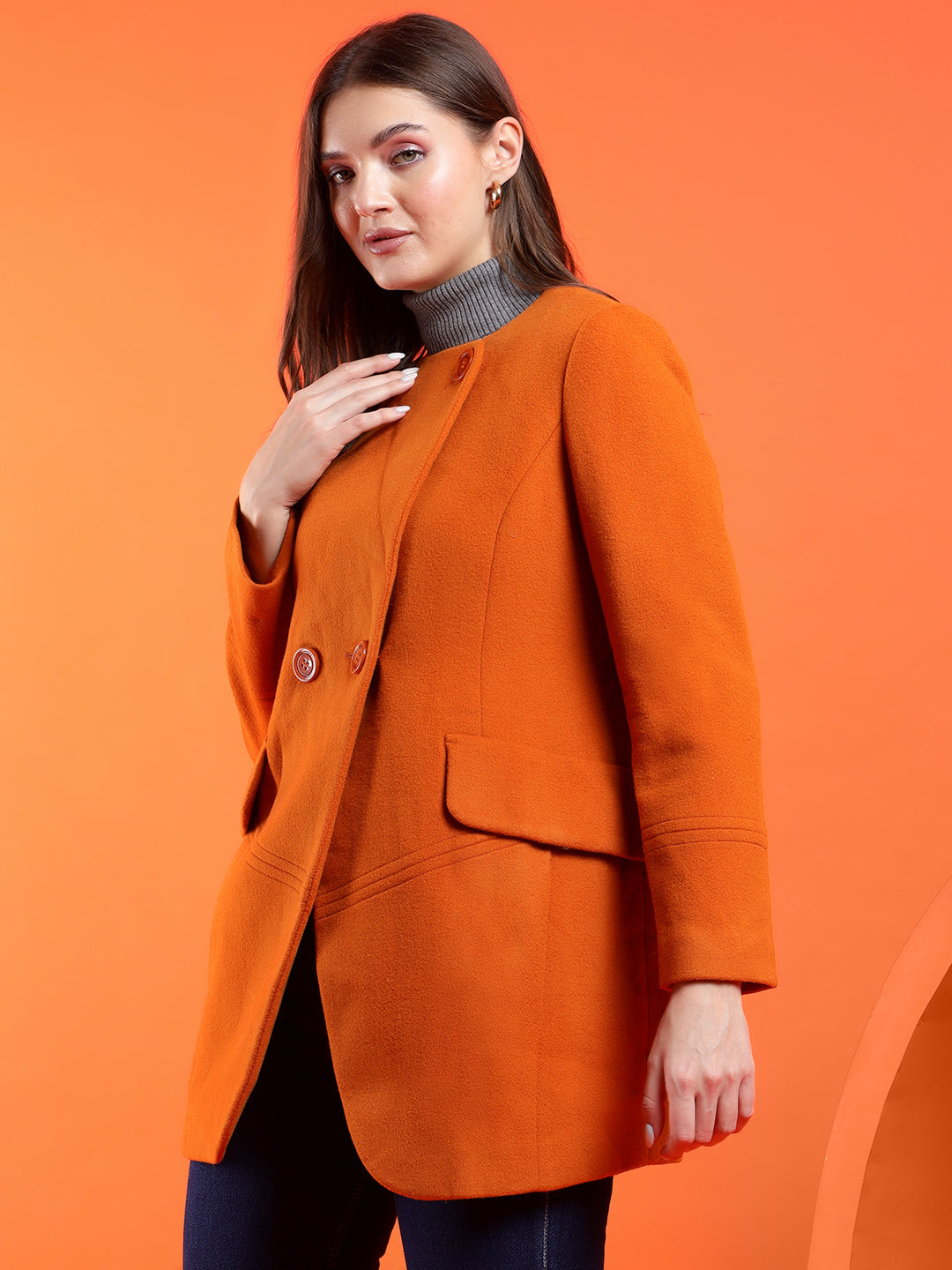 KOTTY Solid Double Breasted Casual Women Blazer (Orange)