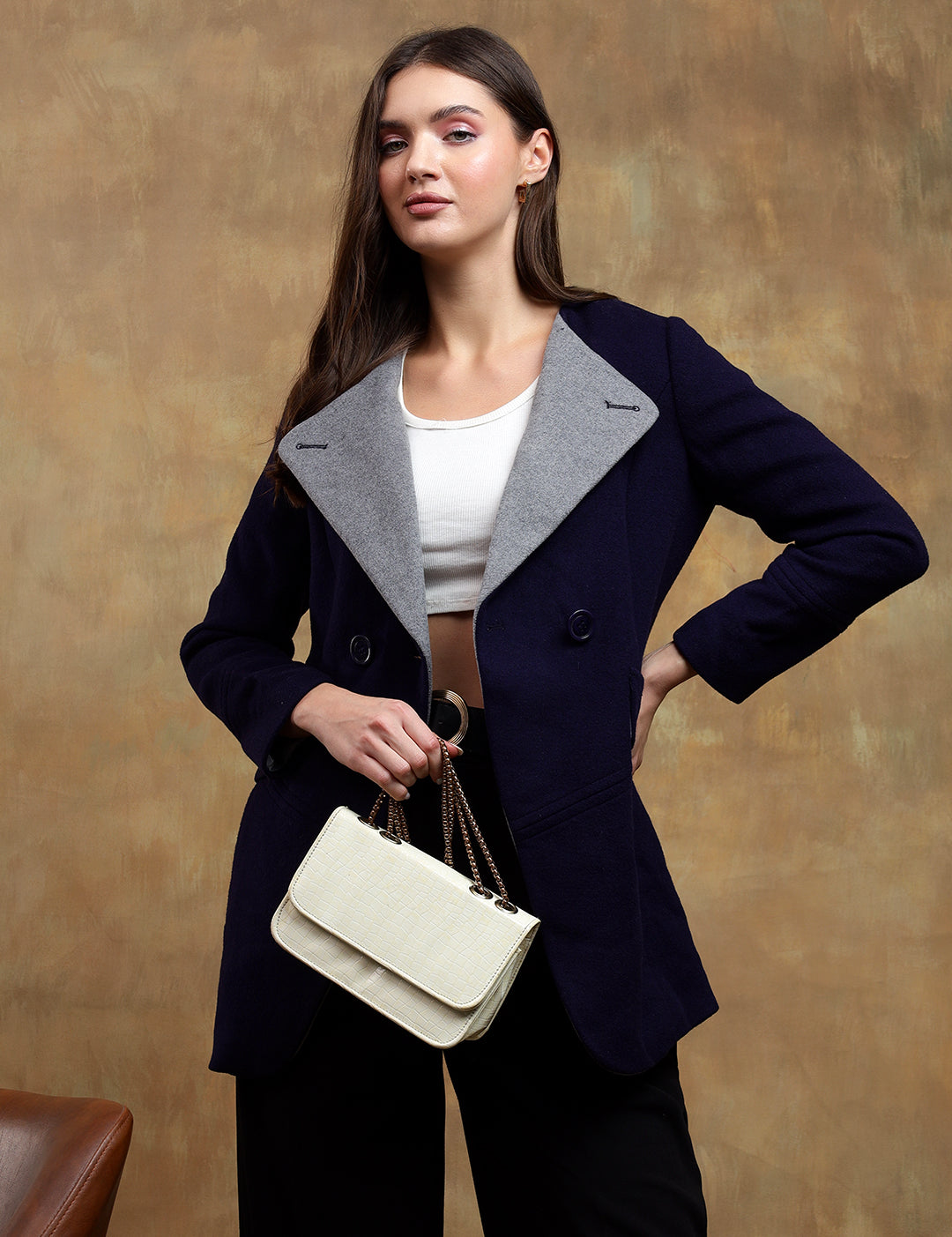 KOTTY Solid Double Breasted Casual Women Blazer (Blue)