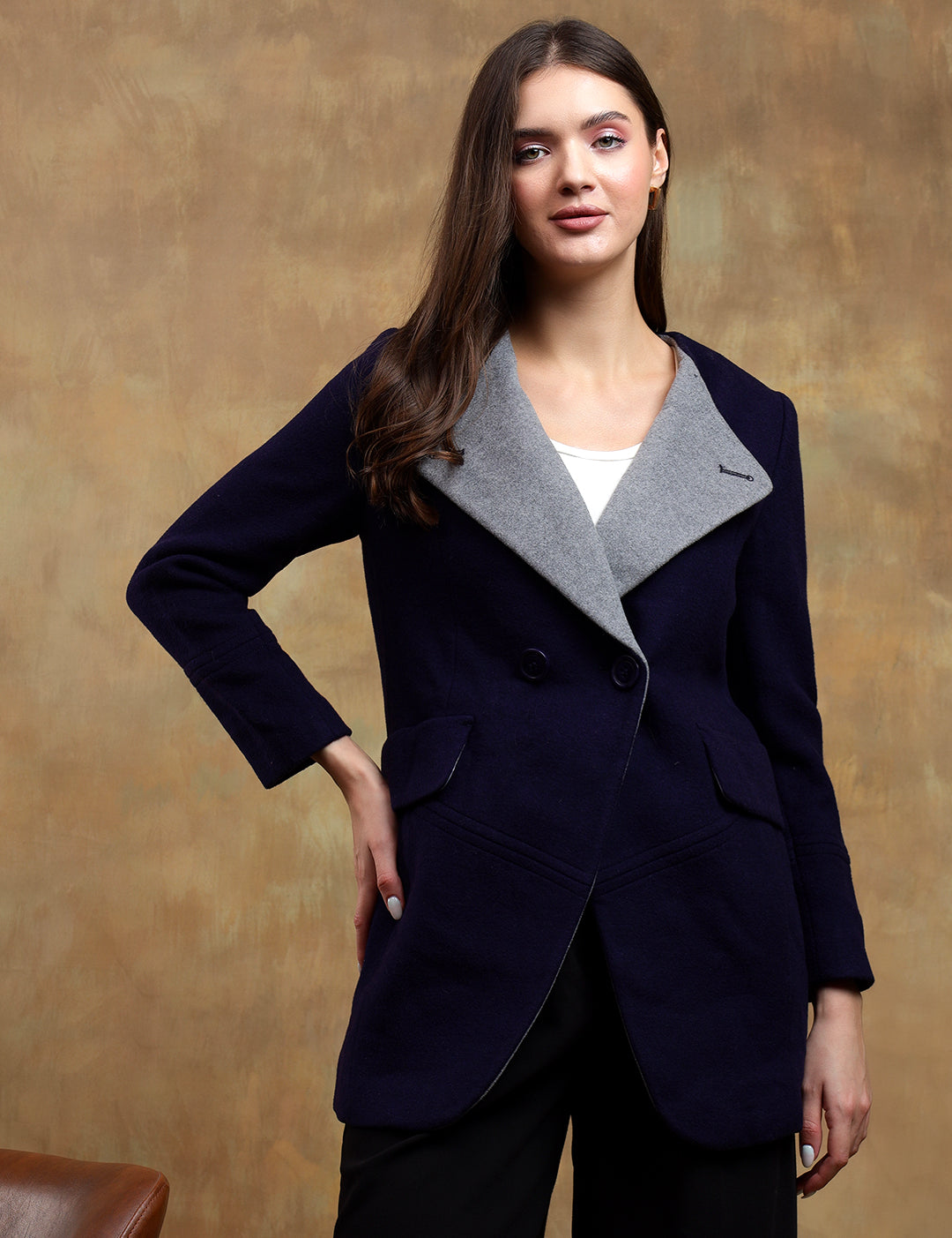 KOTTY Solid Double Breasted Casual Women Blazer (Blue)