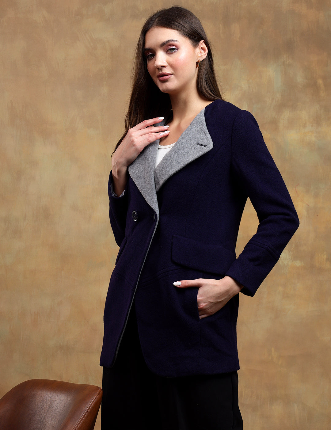 KOTTY Solid Double Breasted Casual Women Blazer (Blue)