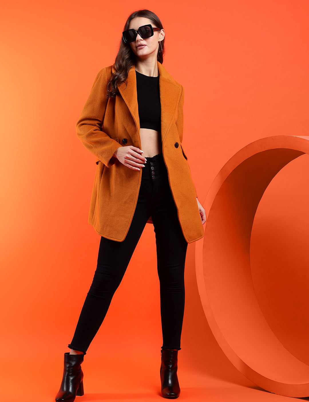 KOTTY Solid Double Breasted Casual Women Blazer (Orange)