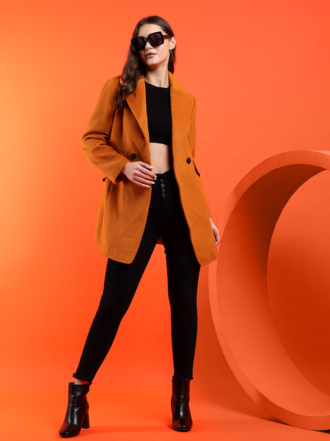 KOTTY Solid Double Breasted Casual Women Blazer (Orange)