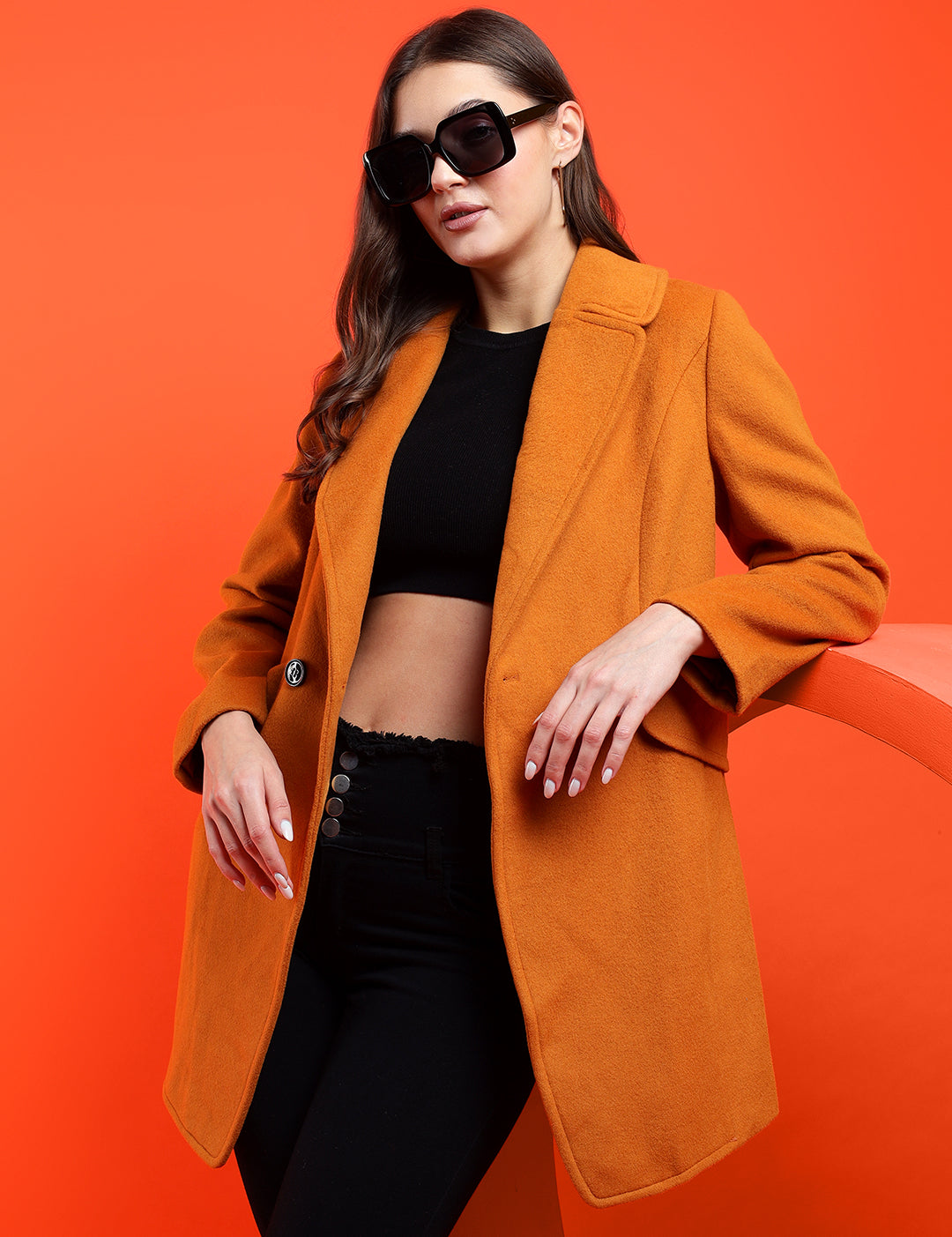 KOTTY Solid Double Breasted Casual Women Blazer (Orange)