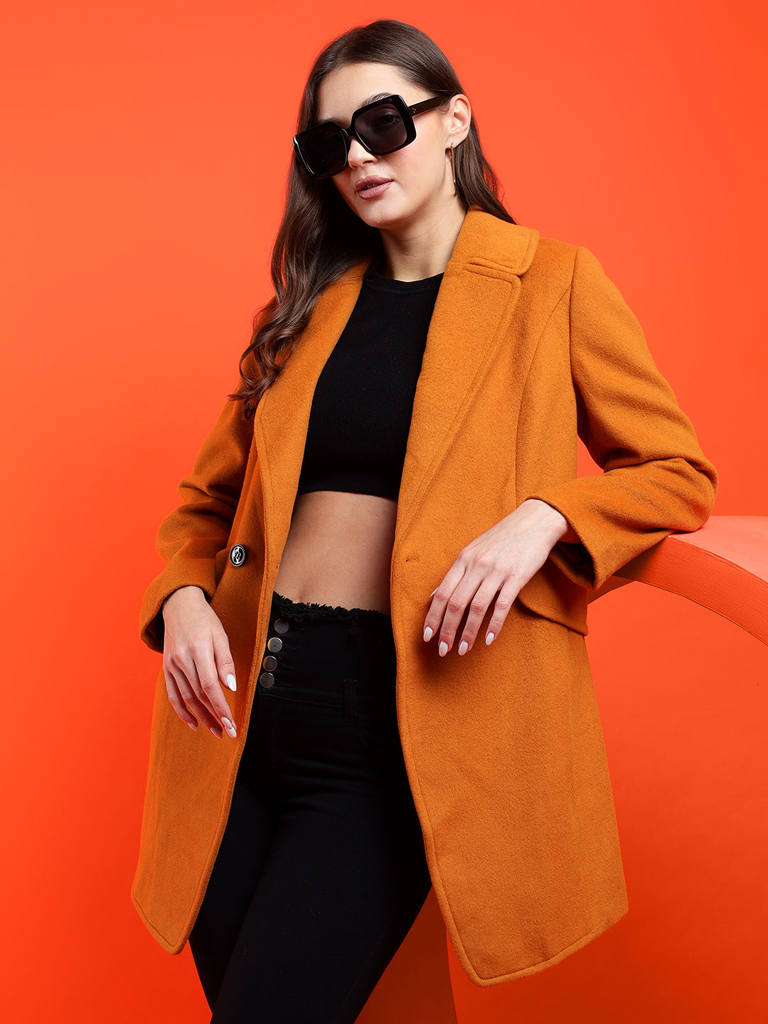 KOTTY Solid Double Breasted Casual Women Blazer (Orange)
