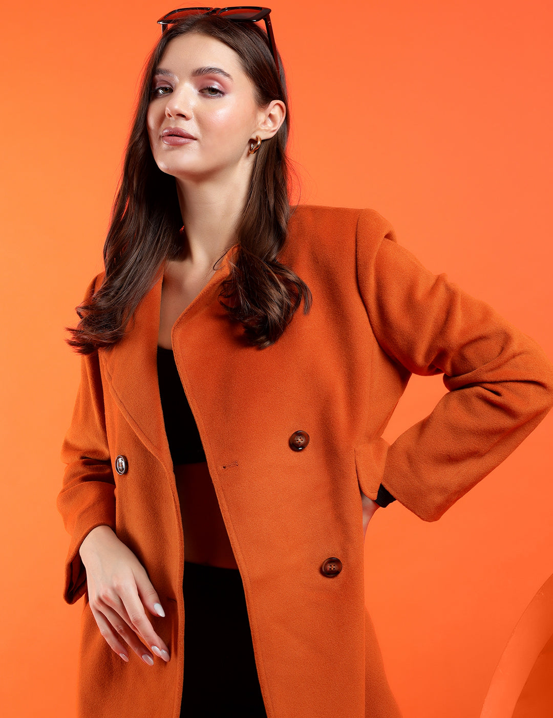 KOTTY Solid Double Breasted Casual Women Blazer (Orange)