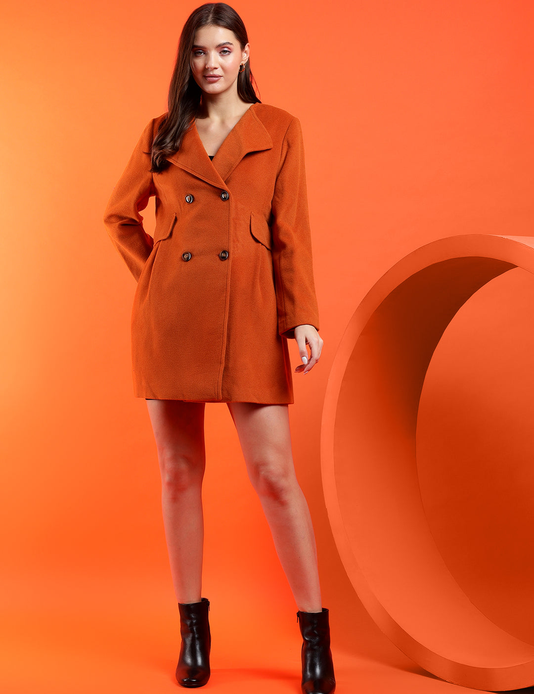 KOTTY Solid Double Breasted Casual Women Blazer (Orange)