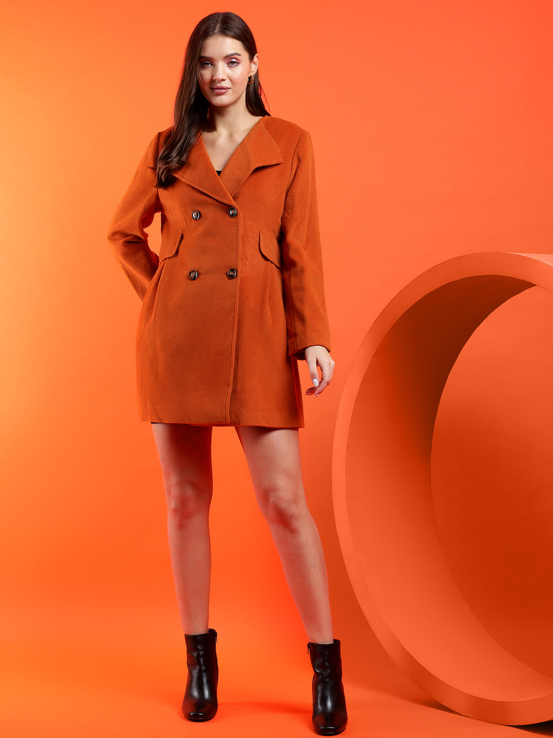 KOTTY Solid Double Breasted Casual Women Blazer (Orange)