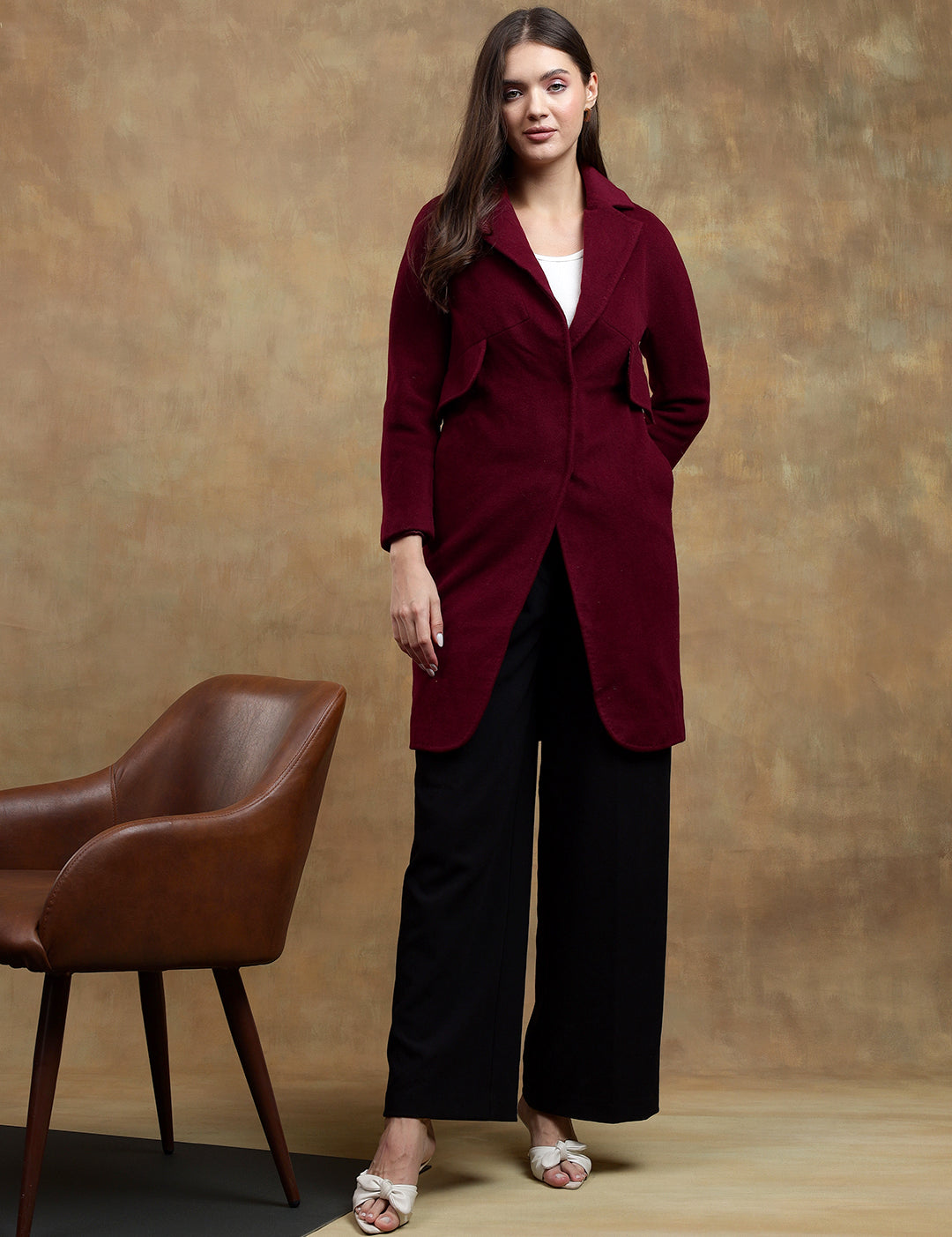 KOTTY Solid Single Breasted Casual Women Blazer (Maroon)