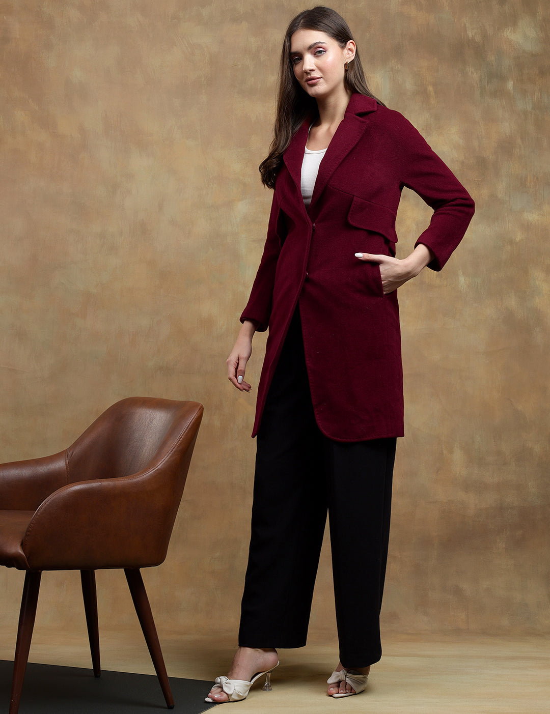 KOTTY Solid Single Breasted Casual Women Blazer (Maroon)