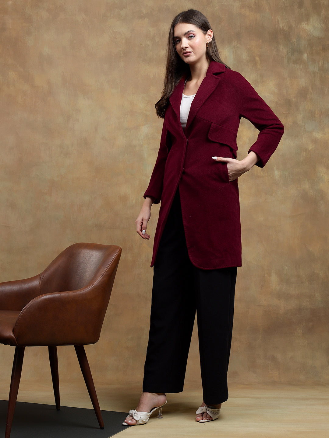 KOTTY Solid Single Breasted Casual Women Blazer (Maroon)