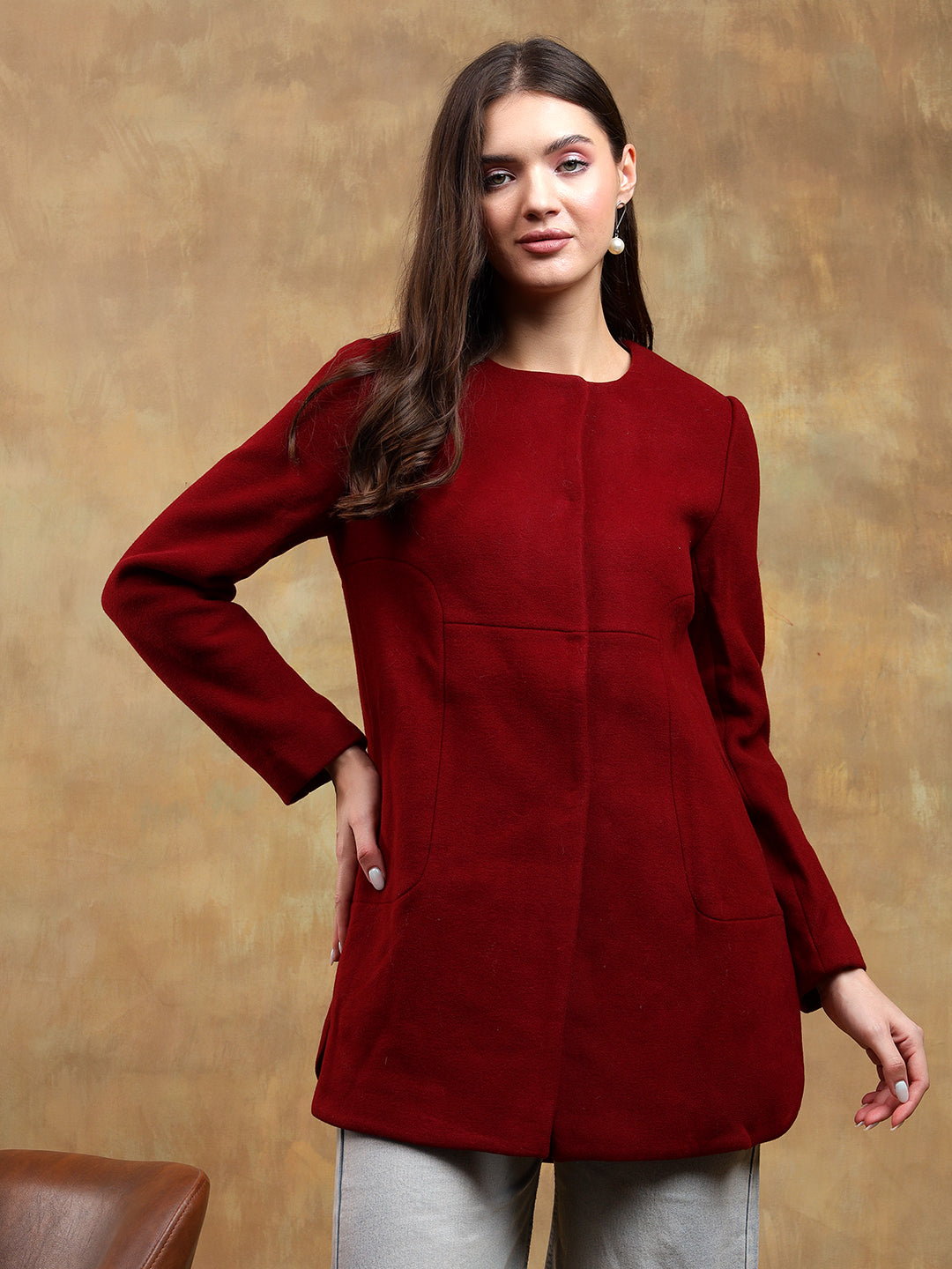 KOTTY Solid Single Breasted Casual Women Blazer (Maroon)