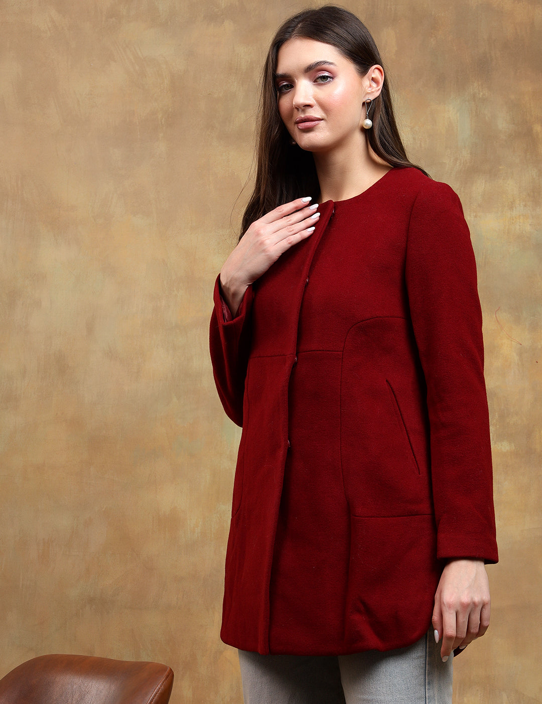 KOTTY Solid Single Breasted Casual Women Blazer (Maroon)