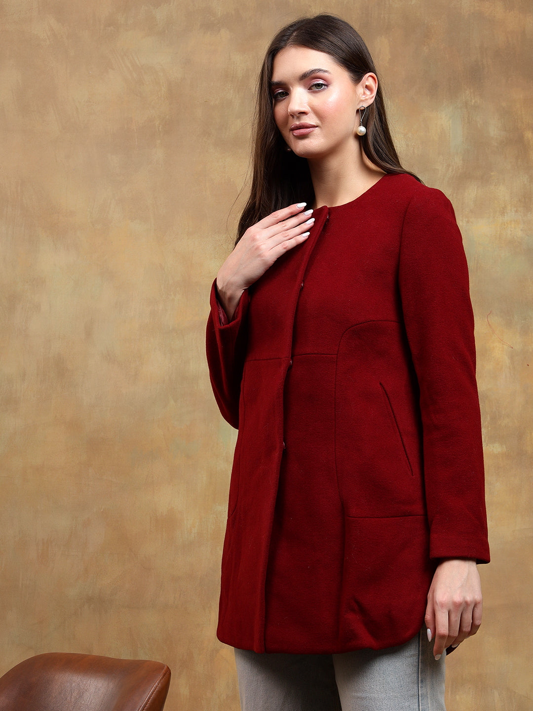 KOTTY Solid Single Breasted Casual Women Blazer (Maroon)