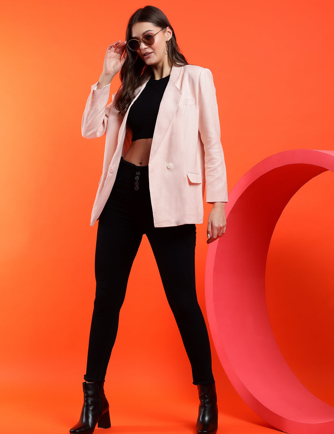 KOTTY Solid Double Breasted Casual Women Blazer (Pink)