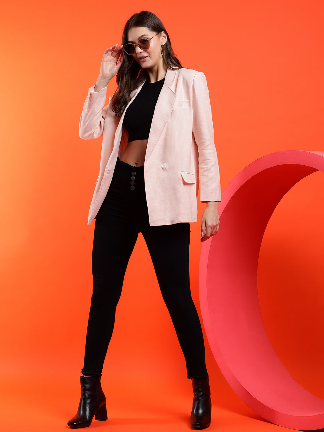 KOTTY Solid Double Breasted Casual Women Blazer (Pink)