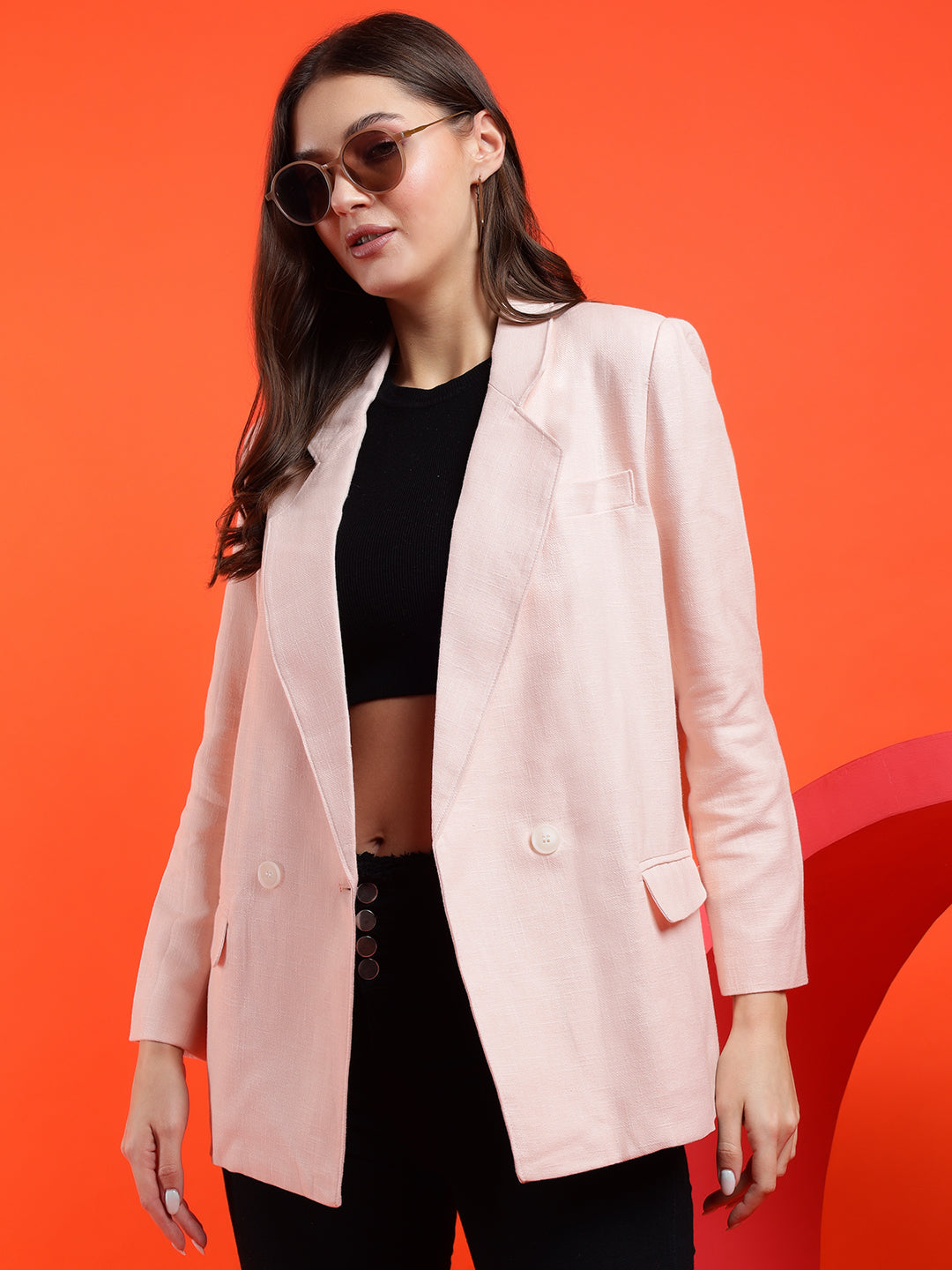 KOTTY Solid Double Breasted Casual Women Blazer (Pink)