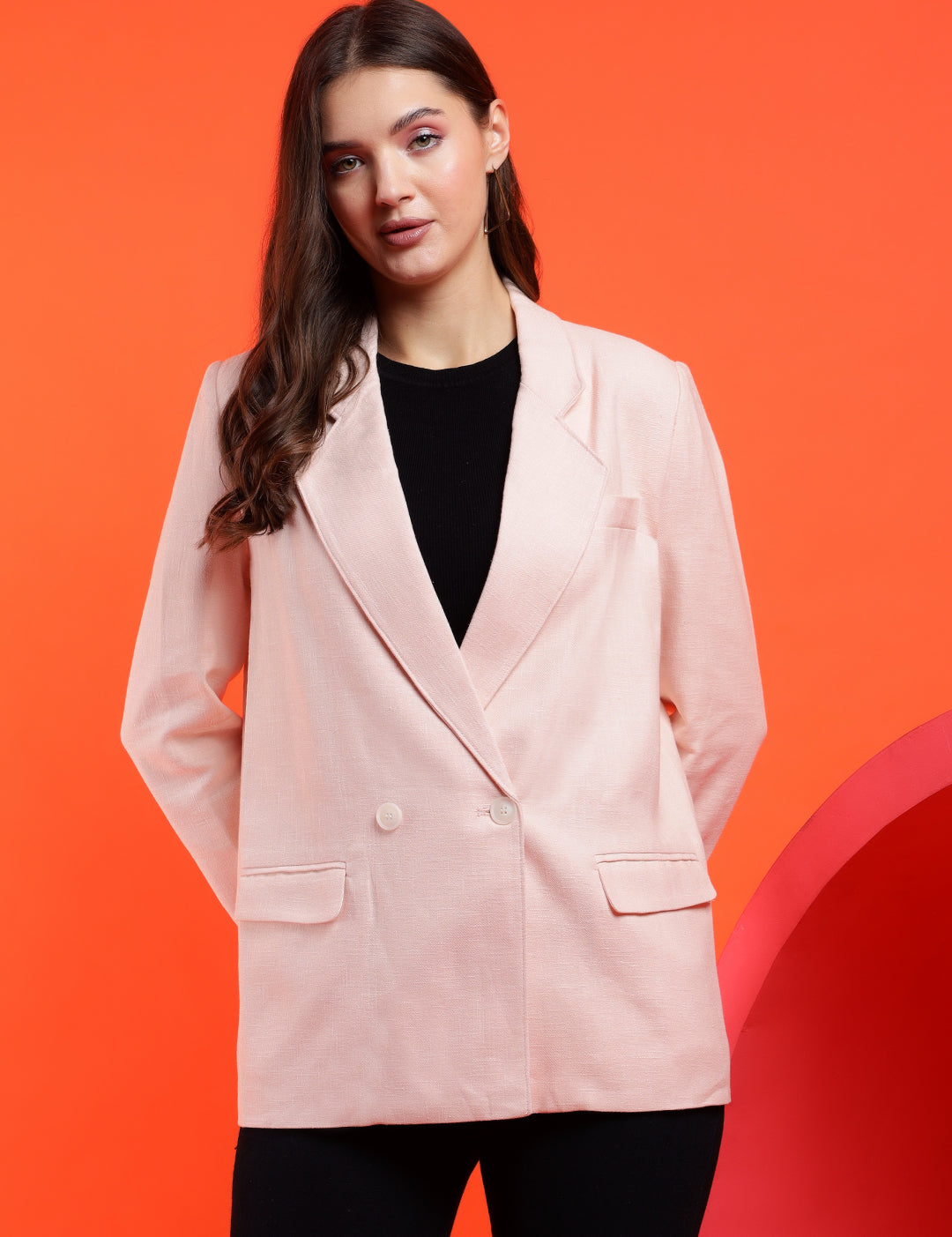 KOTTY Solid Double Breasted Casual Women Blazer (Pink)