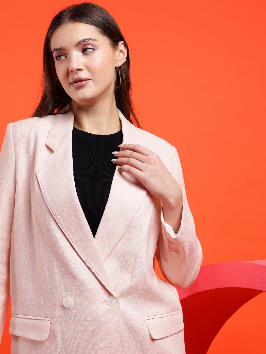 KOTTY Solid Double Breasted Casual Women Blazer (Pink)