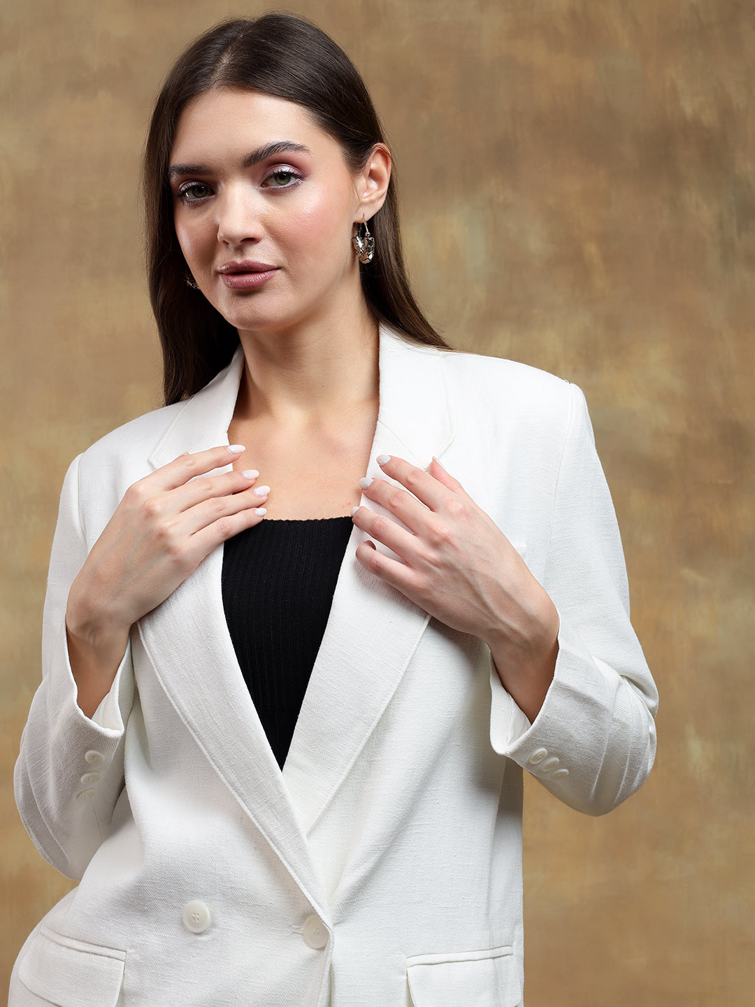 KOTTY Solid Double Breasted Casual Women Blazer (White)