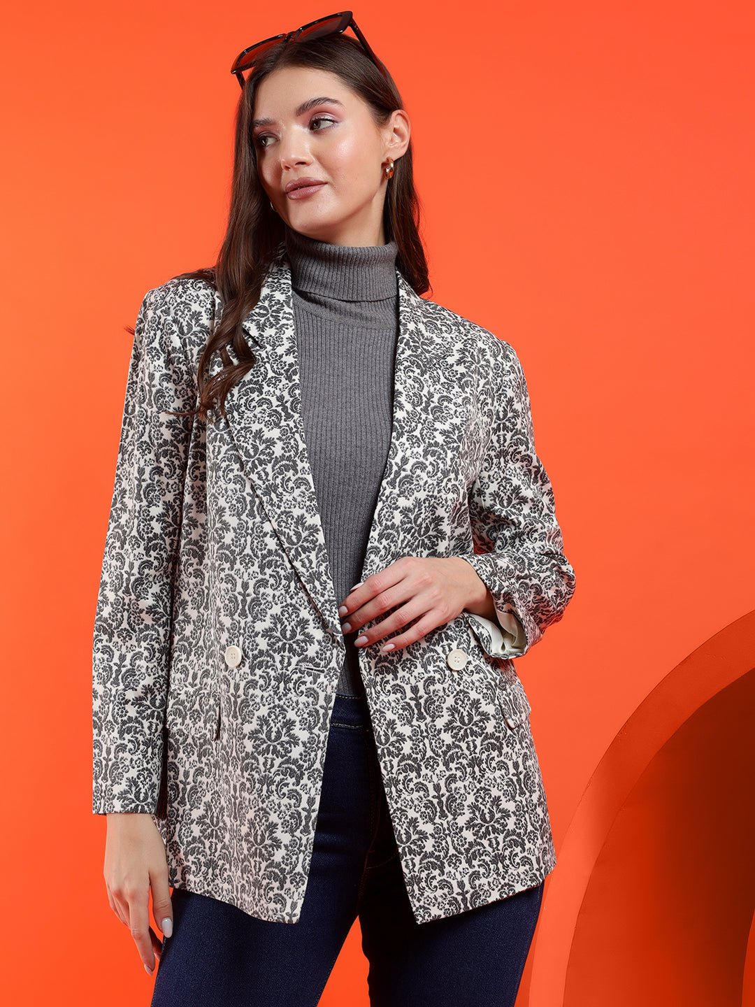 KOTTY Printed Double Breasted Casual Women Blazer (Multicolor)