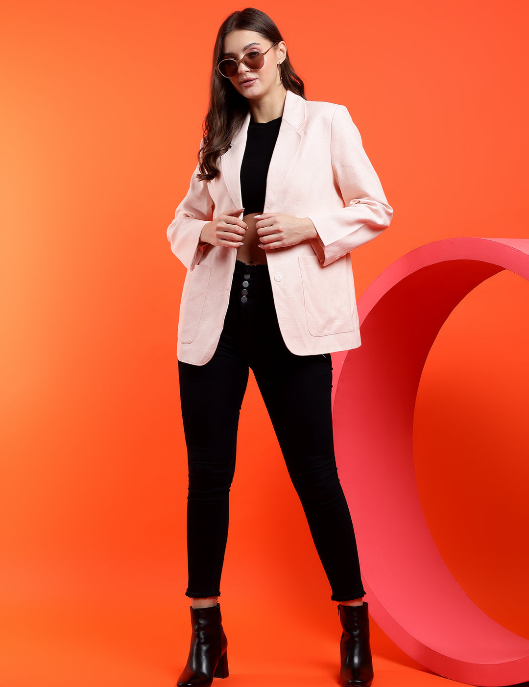 KOTTY Solid Single Breasted Casual Women Blazer (Pink)