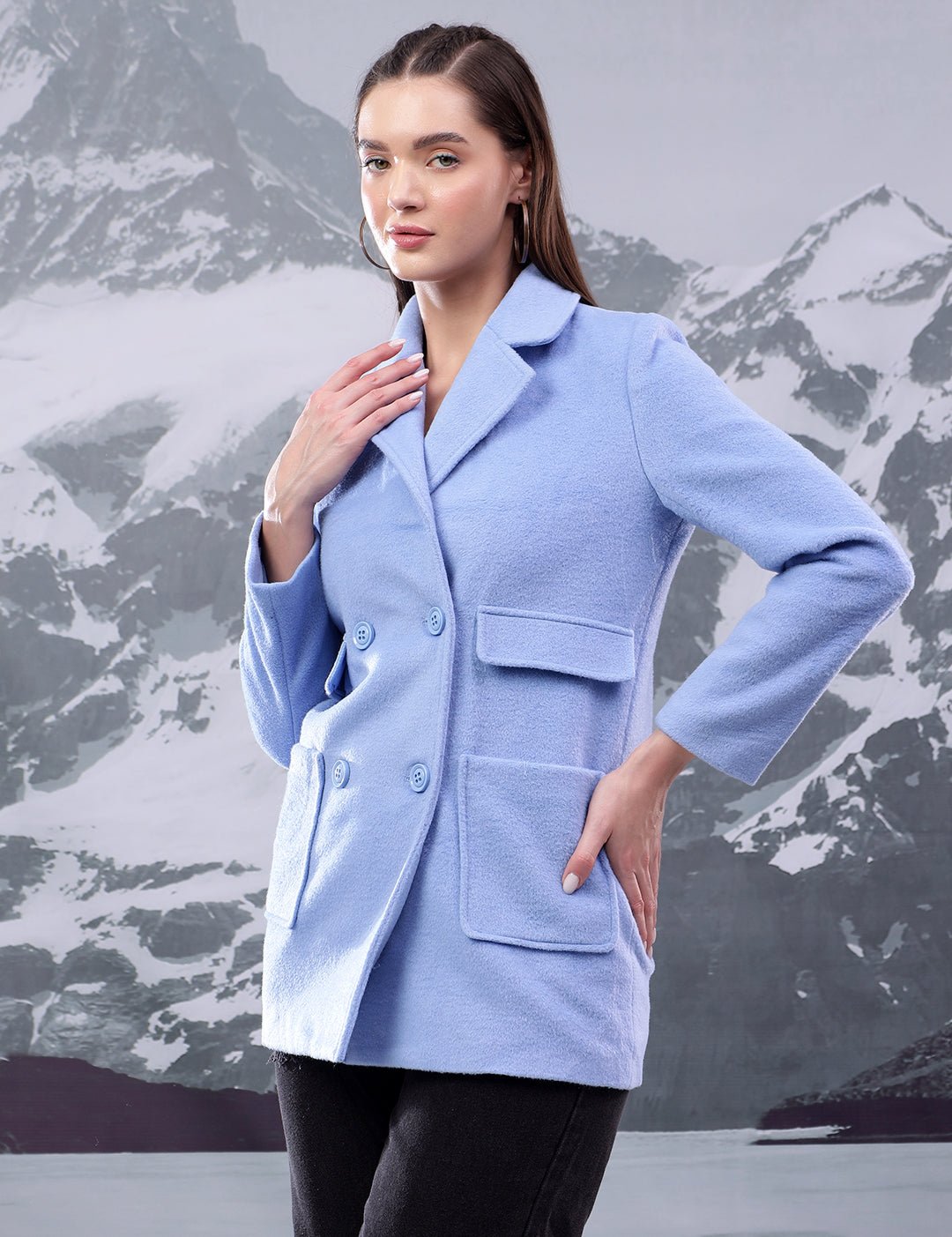 KOTTY Solid Double Breasted Casual Women Blazer (Blue)